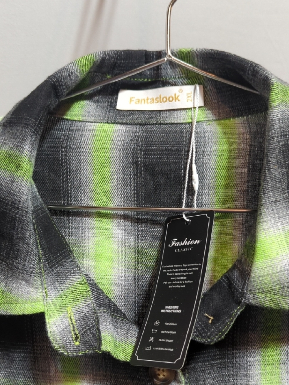 Fantaslook Plaid Button-Up Shirt in Black and Lime Green - Picture 4 of 7